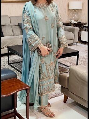 Embroidered Long Sleeve Maxi Dress in Light Aqua